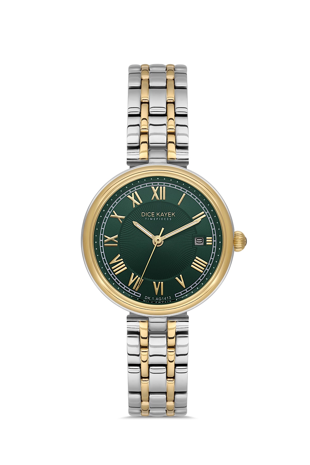 Dice Kayek AG1413.06 women's watch with green dial, two-tone silver and gold case and stainless steel bracelet – front view