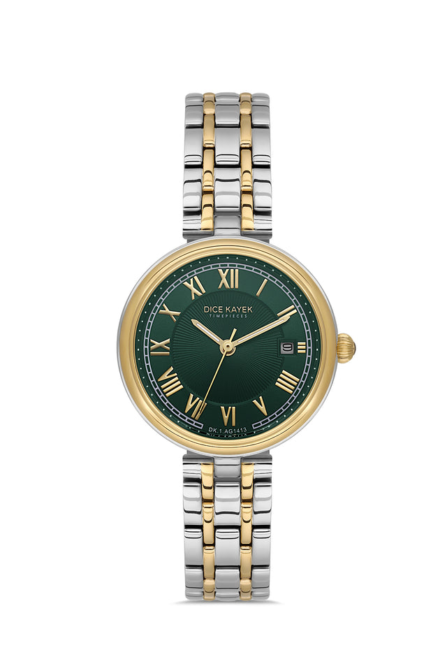 Dice Kayek AG1413.06 women's watch with green dial, two-tone silver and gold case and stainless steel bracelet – front view