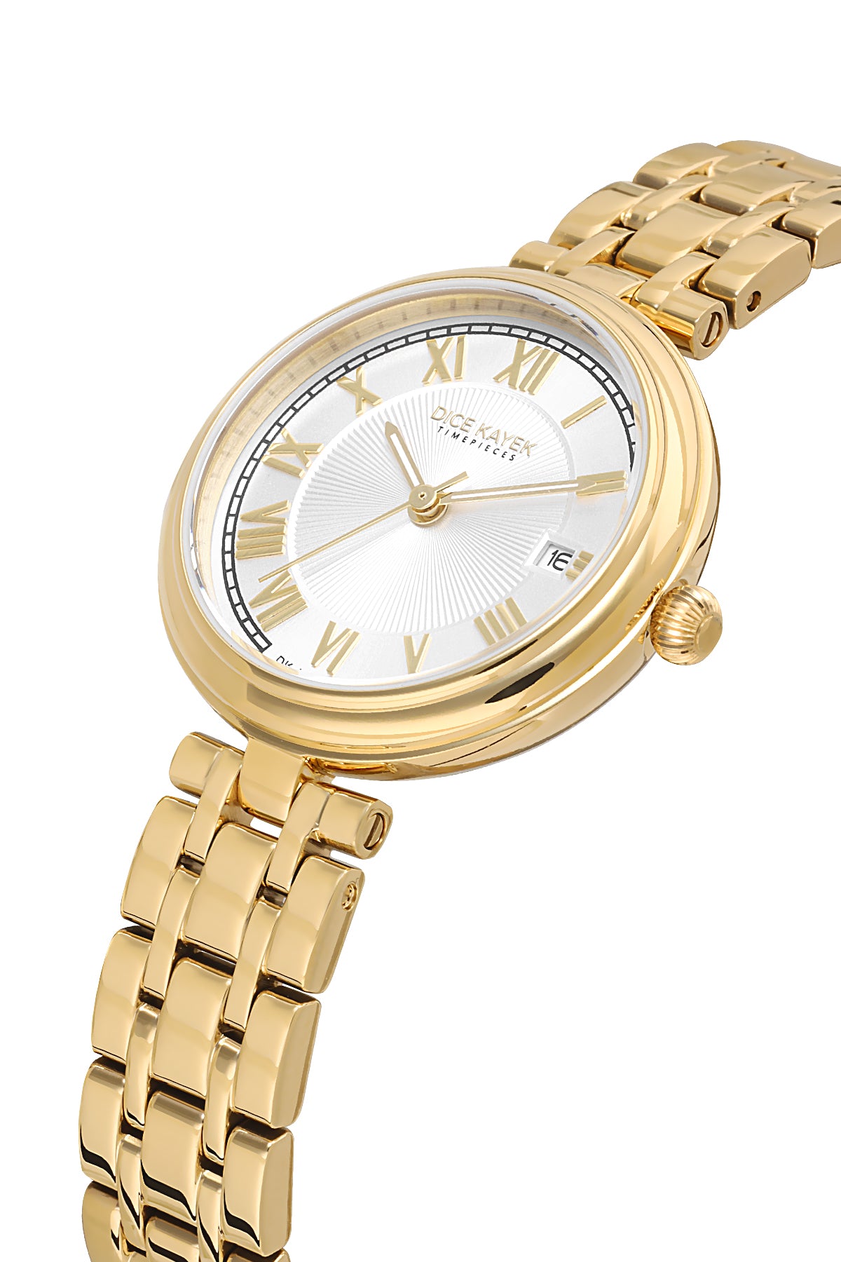 Dice Kayek AG1413.07 women's watch with silver dial, gold-tone case and stainless steel bracelet – angled view