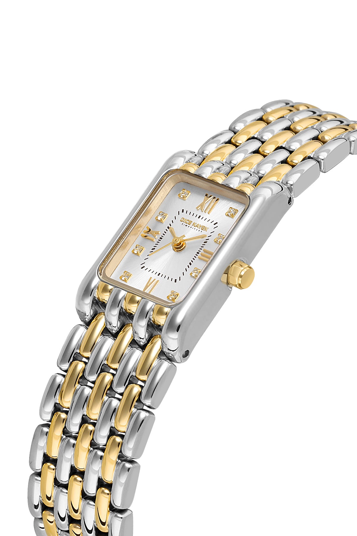 Dice Kayek AG1418.02 women's watch with silver dial, two-tone silver and gold case and stainless steel bracelet – angled view