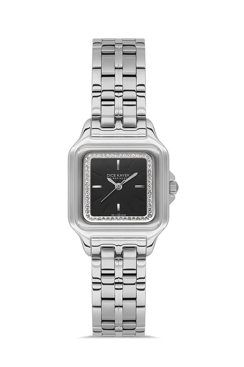 Dice Kayek AG1419.02 women's watch with black dial, silver-tone case and stainless steel bracelet – front view