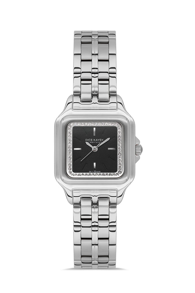 Dice Kayek AG1419.02 women's watch with black dial, silver-tone case and stainless steel bracelet – front view