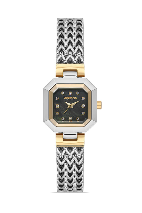 Dice Kayek AG1423.03 women's watch with black mother-of-pearl dial, two-tone silver and gold case and stainless steel bracelet – front view