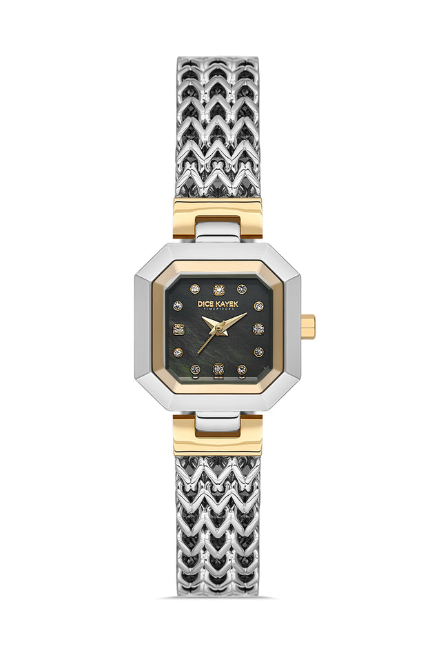 Dice Kayek AG1423.03 women's watch with black mother-of-pearl dial, two-tone silver and gold case and stainless steel bracelet – front view