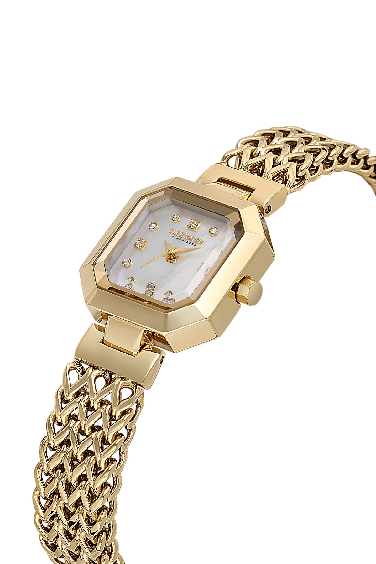 Dice Kayek AG1423.05 women's watch with white mother-of-pearl dial, gold-tone case and stainless steel bracelet – angled view