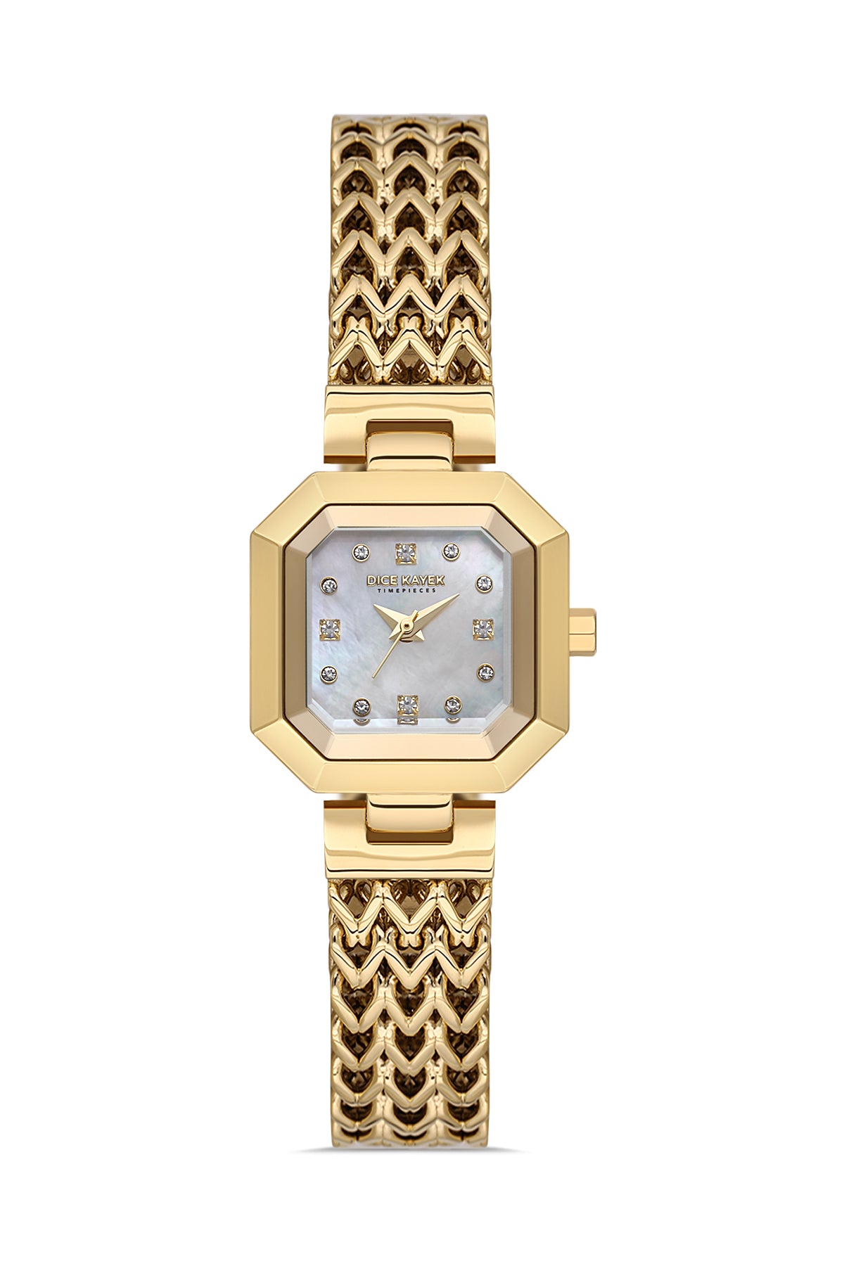 Dice Kayek AG1423.05 women's watch with white mother-of-pearl dial, gold-tone case and stainless steel bracelet – front view