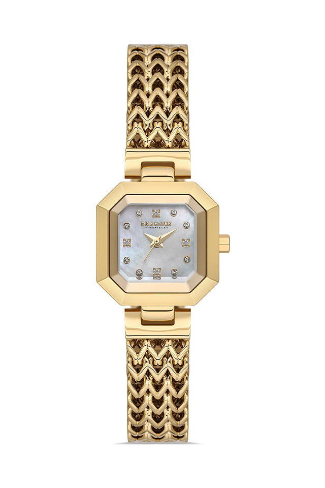 Dice Kayek AG1423.05 women's watch with white mother-of-pearl dial, gold-tone case and stainless steel bracelet – front view