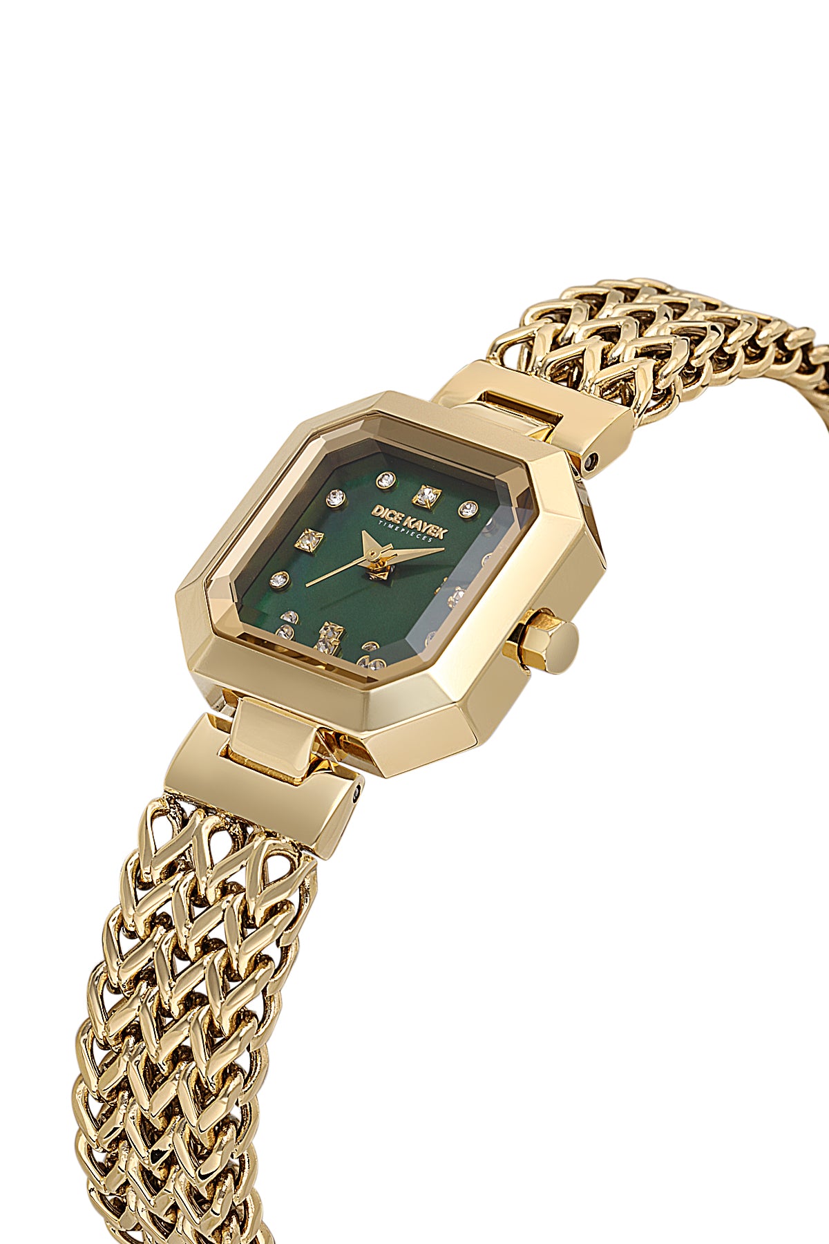 Dice Kayek AG1423.07 women's watch with green mother-of-pearl dial, gold-tone case and stainless steel bracelet – angled view