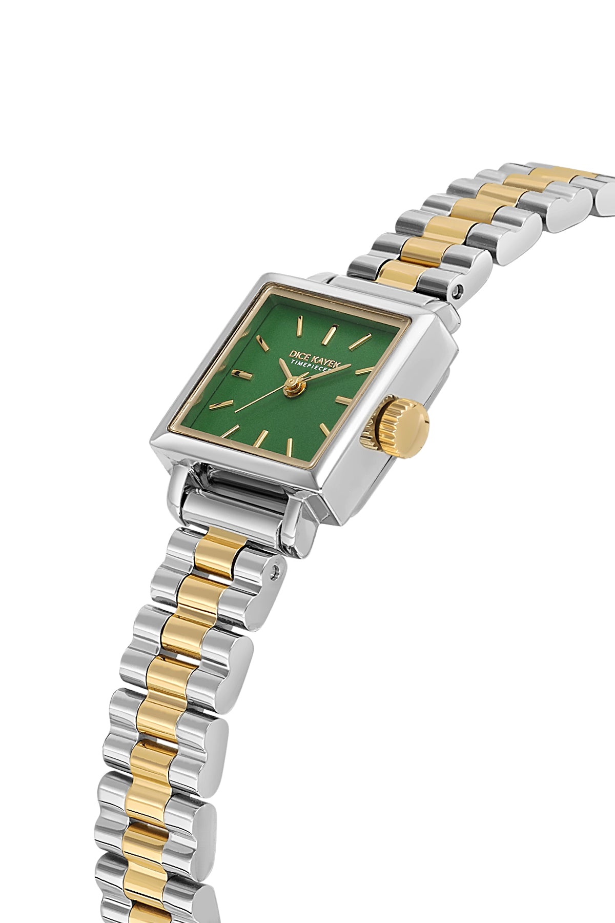 Dice Kayek AG1428.43 women's watch with green dial, two-tone silver and gold case and stainless steel bracelet – angled view