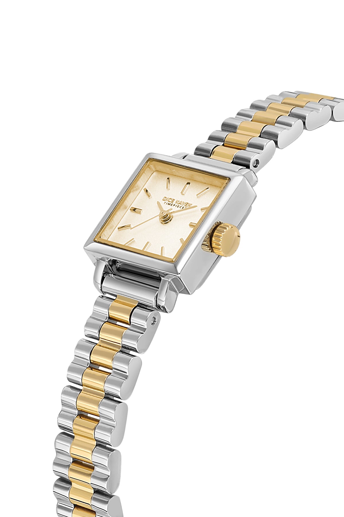Dice Kayek AG1428.45 women's watch with gold dial, two-tone silver and gold case and stainless steel bracelet – angled view