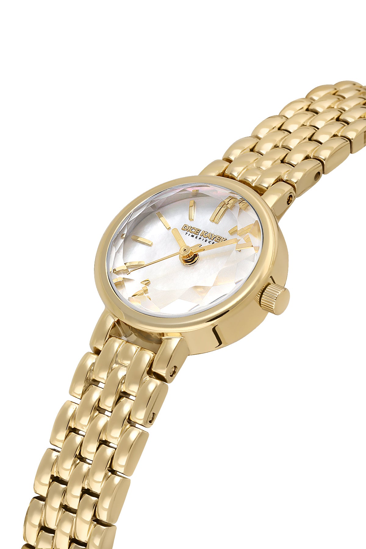 Dice Kayek AG1430.20 women's watch with white mother-of-pearl dial, gold-tone case and stainless steel bracelet – angled view