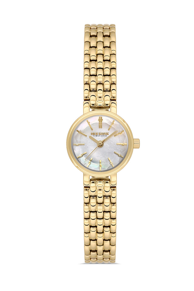 Dice Kayek AG1430.20 women's watch with white mother-of-pearl dial, gold-tone case and stainless steel bracelet – front view