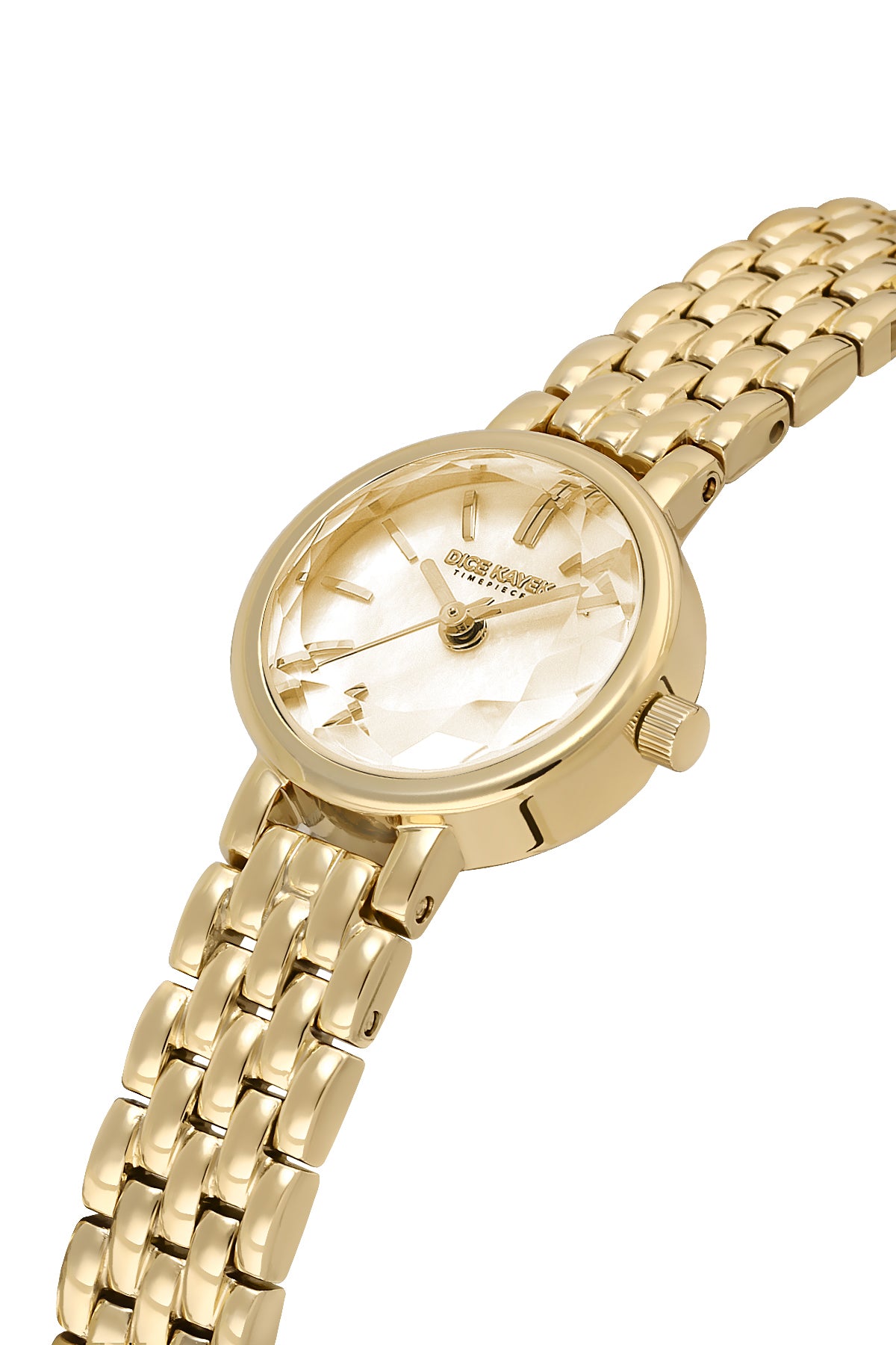 Dice Kayek AG1430.25 women's watch with gold mother-of-pearl dial, gold-tone case and stainless steel bracelet – angled view