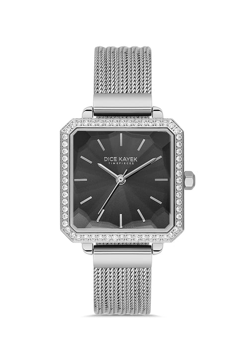 Dice Kayek AG1432.12 women's watch with black dial, silver-tone case and stainless steel mesh bracelet – front view