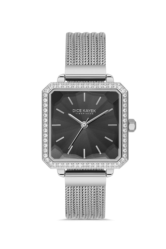 Dice Kayek AG1432.12 women's watch with black dial, silver-tone case and stainless steel mesh bracelet – front view