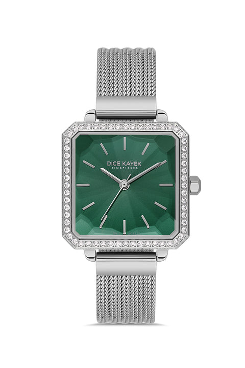 Dice Kayek AG1432.19 women's watch with green dial, silver-tone case and stainless steel mesh bracelet – front view