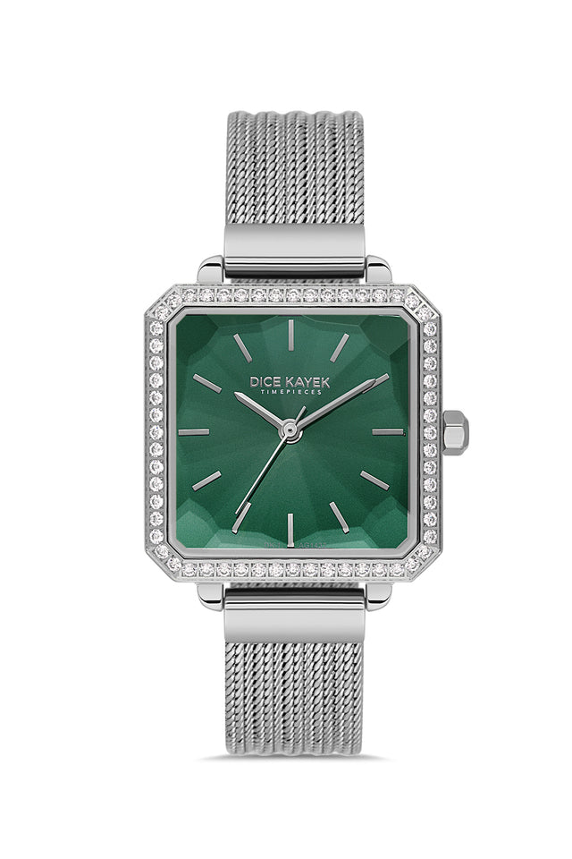 Dice Kayek AG1432.19 women's watch with green dial, silver-tone case and stainless steel mesh bracelet – front view