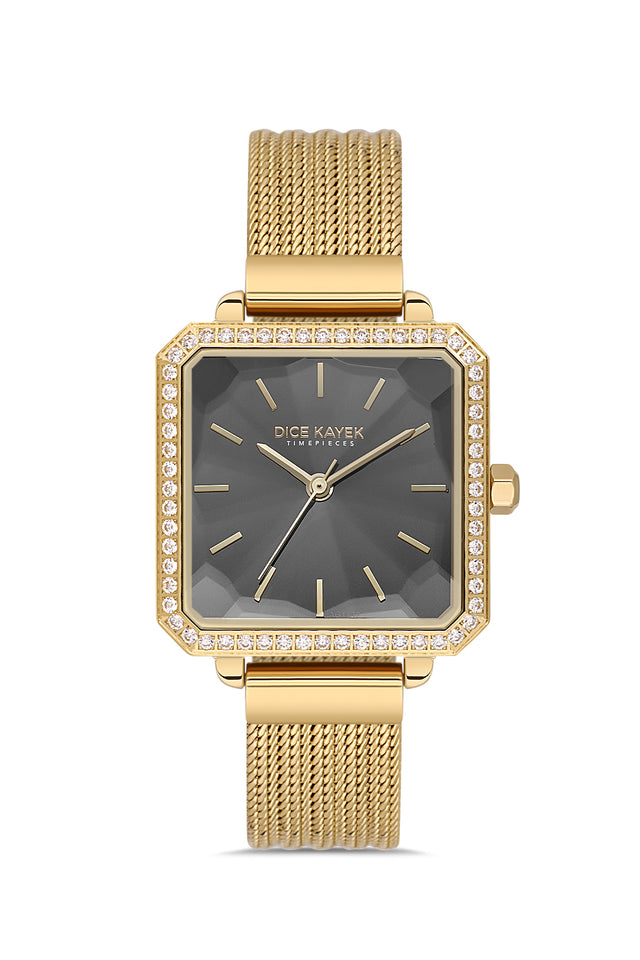 Dice Kayek AG1432.22 women's watch with black dial, gold-tone case and stainless steel mesh bracelet – front view
