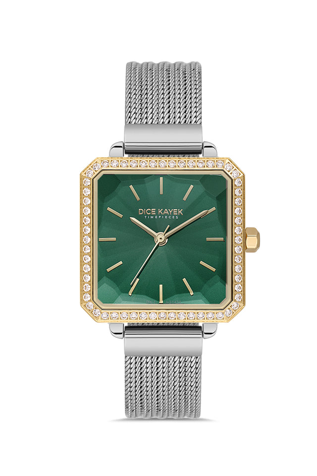 Dice Kayek AG1432.49 women's watch with green dial, two-tone silver and gold case and stainless steel mesh bracelet – front view