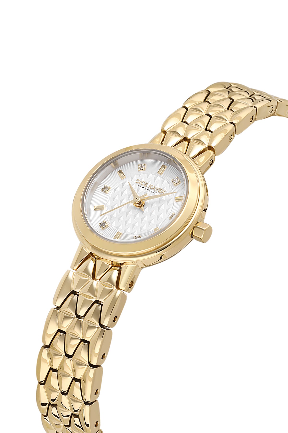 Dice Kayek AG1436.20 women's watch with silver dial, gold-tone case and stainless steel bracelet – angled view