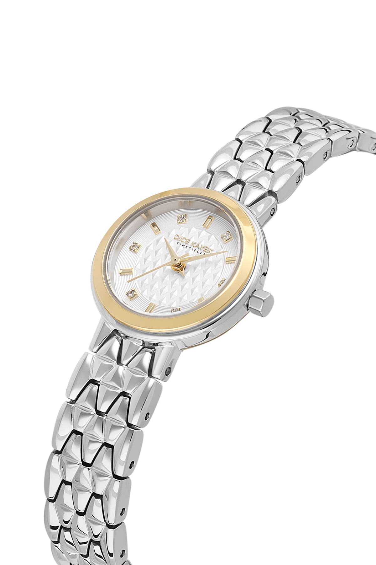Dice Kayek AG1436.40 women's watch with silver dial, two-tone silver and gold case and stainless steel bracelet – angled view