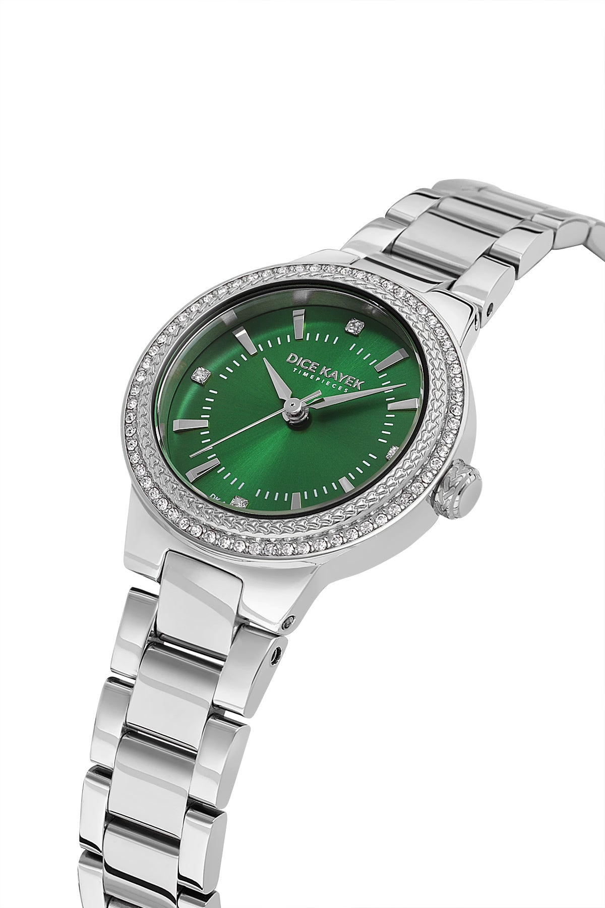 Dice Kayek AG1438.19 women's watch with green dial, silver-tone case and stainless steel bracelet – angled view