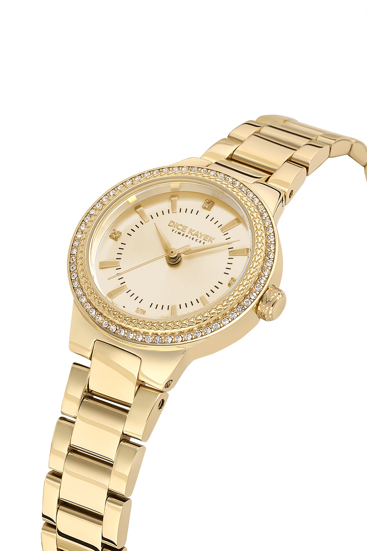Dice Kayek AG1438.25 women's watch with gold dial, gold-tone case and stainless steel bracelet – angled view
