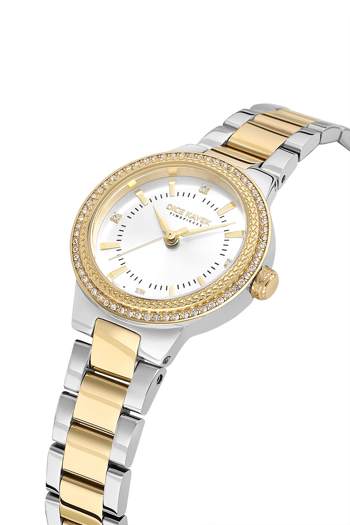 Dice Kayek AG1438.40 women's watch with silver dial, two-tone silver and gold case and stainless steel bracelet – angled view