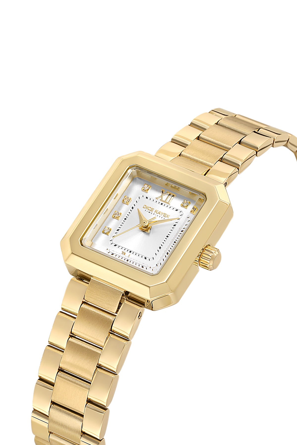 Dice Kayek AG1442.20 women's watch with silver dial, gold-tone case and stainless steel bracelet – angled view