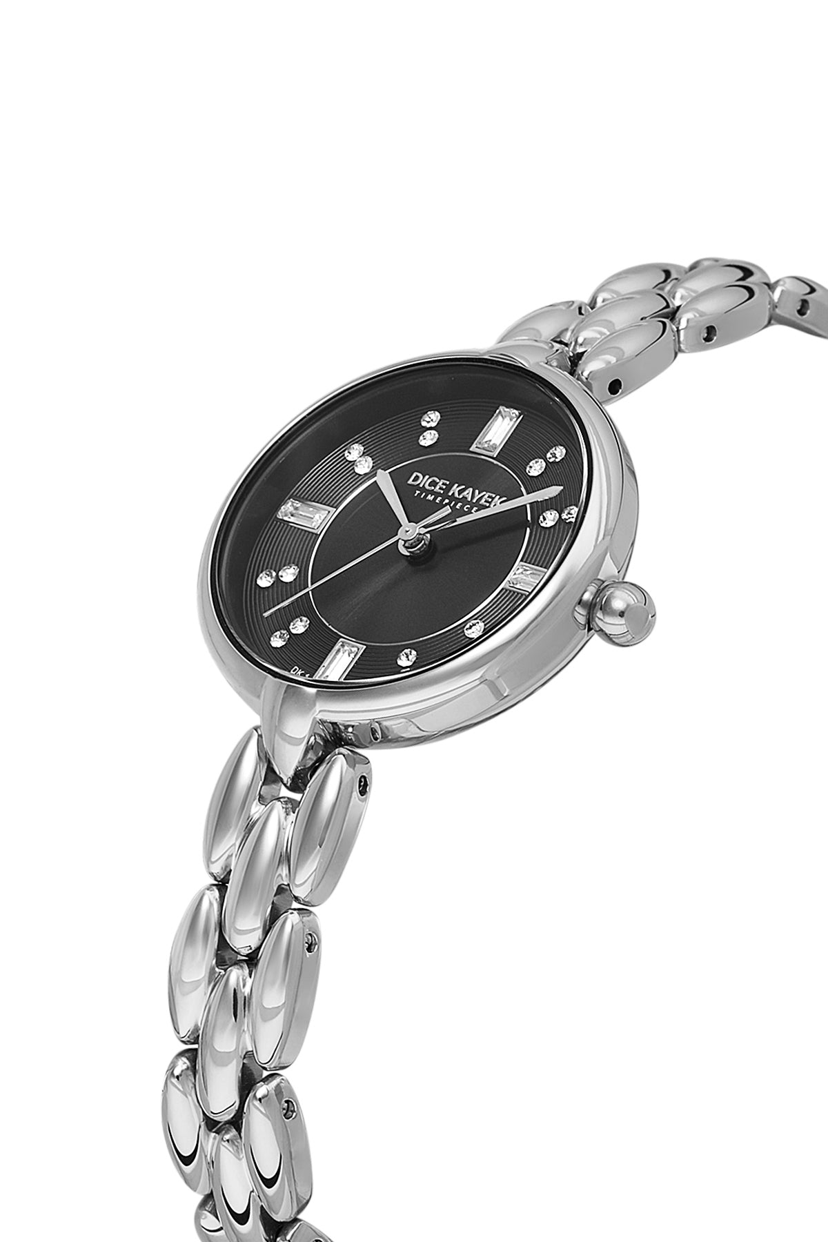 Dice Kayek AG1454.12 women's watch with black dial, silver-tone case and stainless steel bracelet – angled view