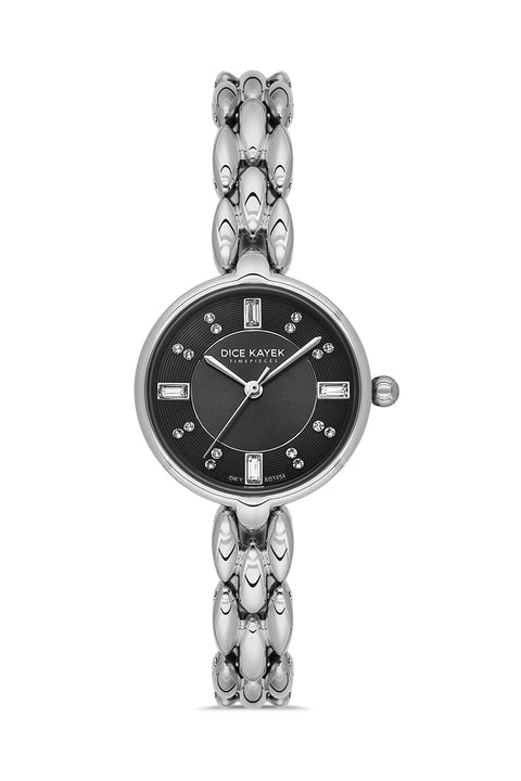 Dice Kayek AG1454.12 women's watch with black dial, silver-tone case and stainless steel bracelet – front view