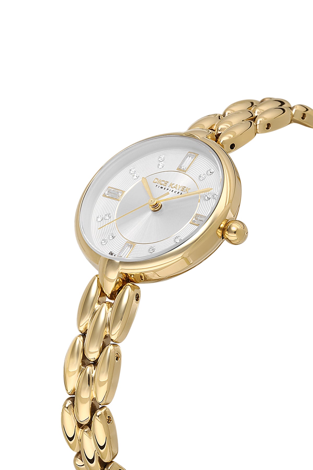 Dice Kayek AG1454.20 women's watch with silver dial, gold-tone case and stainless steel bracelet – angled view