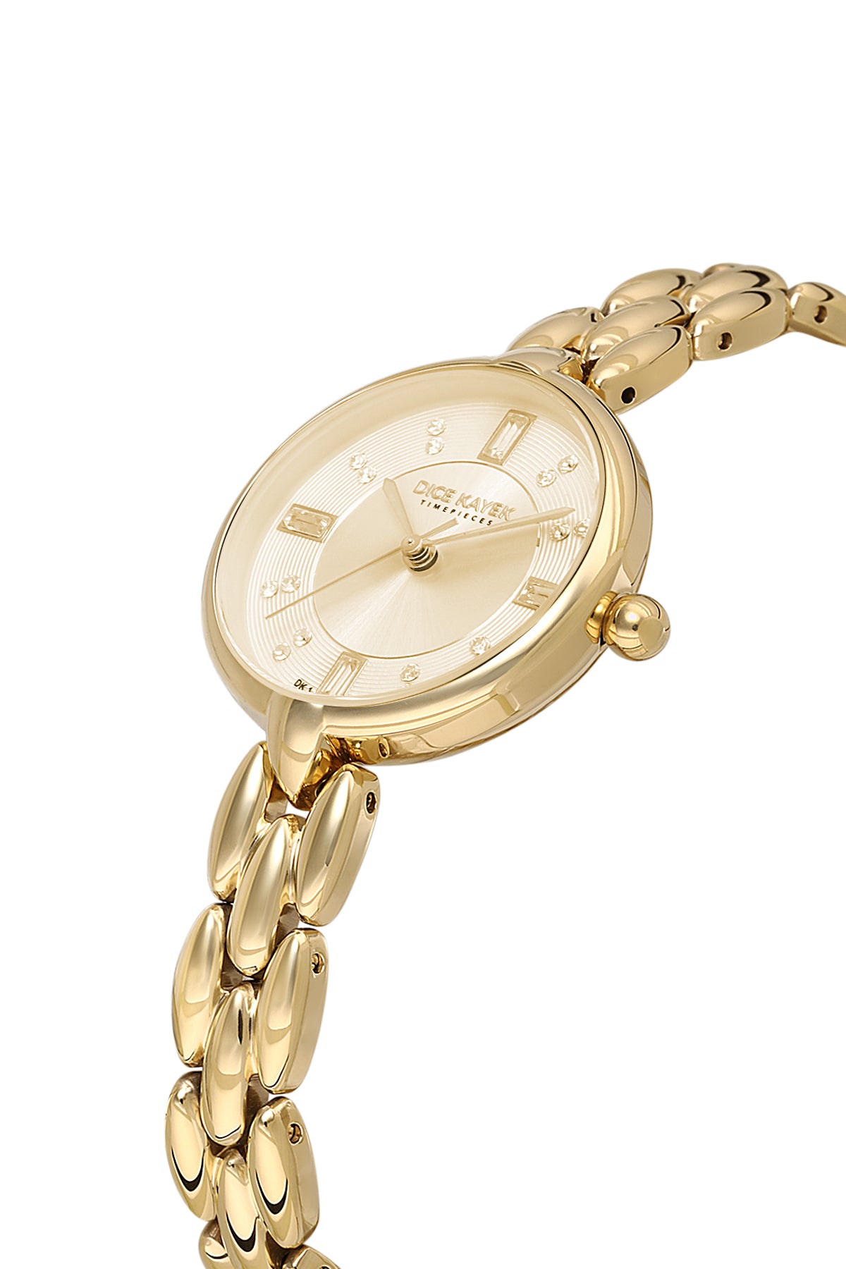 Dice Kayek AG1454.25 women's watch with gold dial, gold-tone case and stainless steel bracelet – angled view