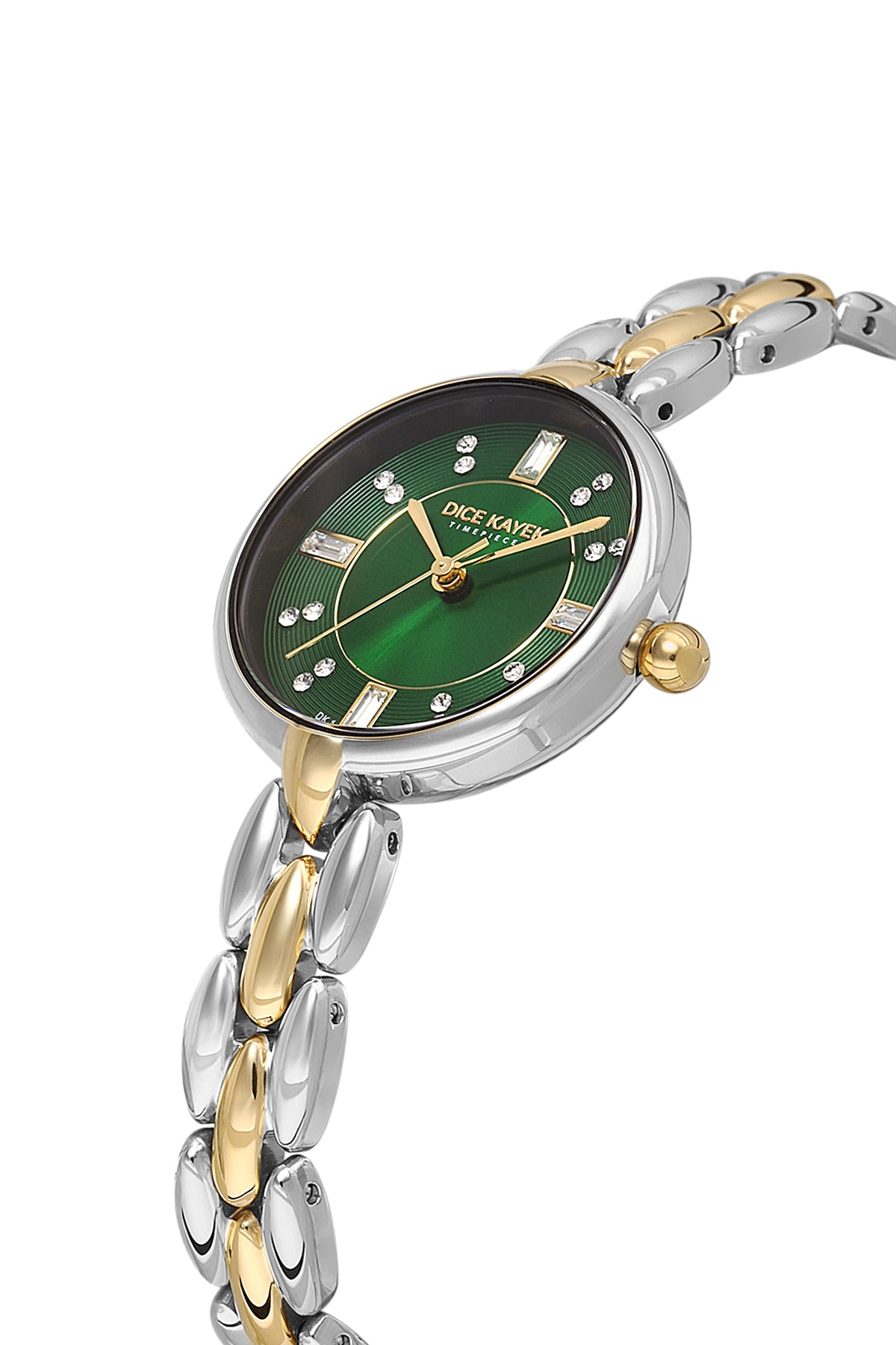 Dice Kayek AG1454.49 women's watch with green dial, two-tone silver and gold case and stainless steel bracelet – angled view