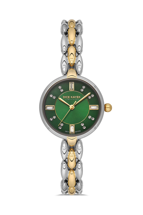 Dice Kayek AG1454.49 women's watch with green dial, two-tone silver and gold case and stainless steel bracelet – front view
