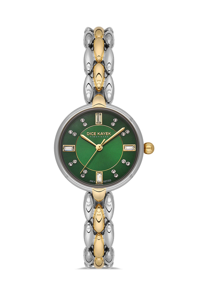 Dice Kayek AG1454.49 women's watch with green dial, two-tone silver and gold case and stainless steel bracelet – front view