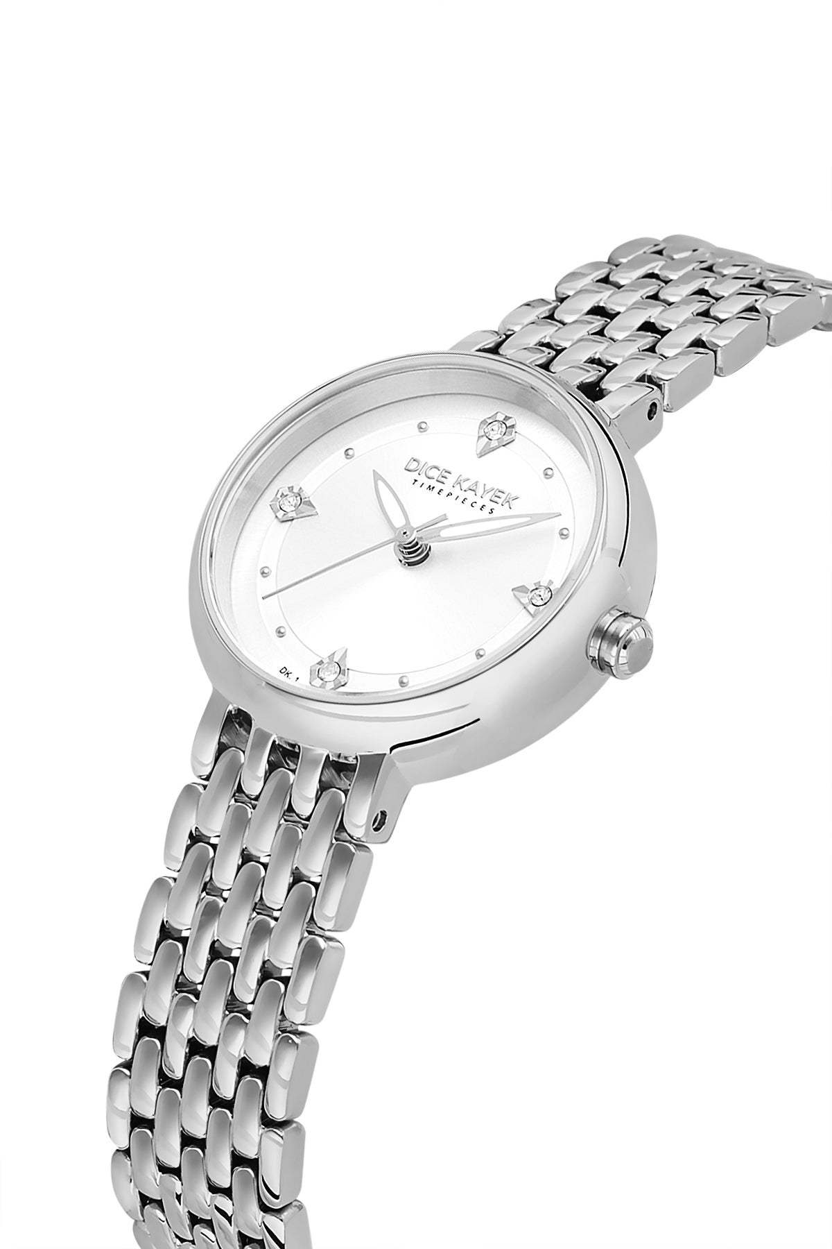 Dice Kayek AG1455.10 women's watch with silver dial, silver-tone case and stainless steel bracelet – angled view