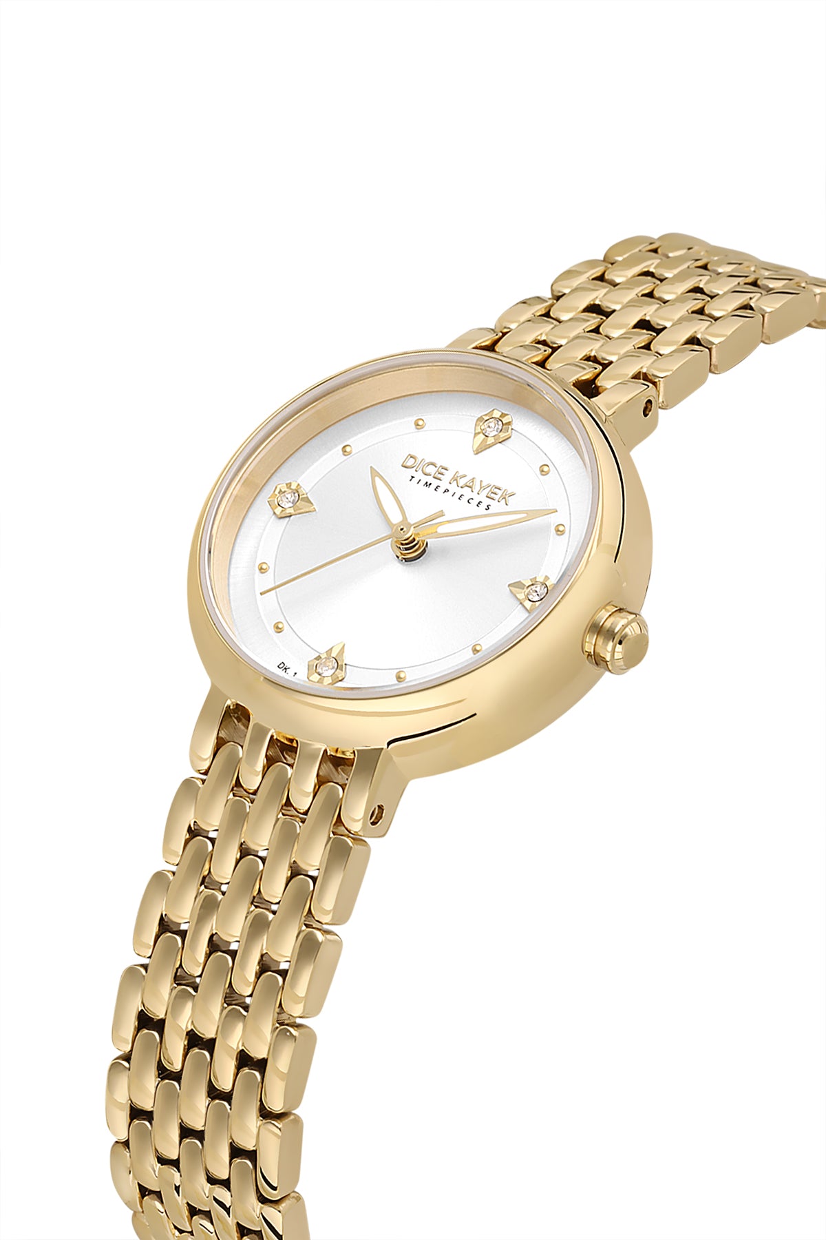 Dice Kayek AG1455.20 women's watch with silver dial, gold-tone case and stainless steel bracelet – angled view