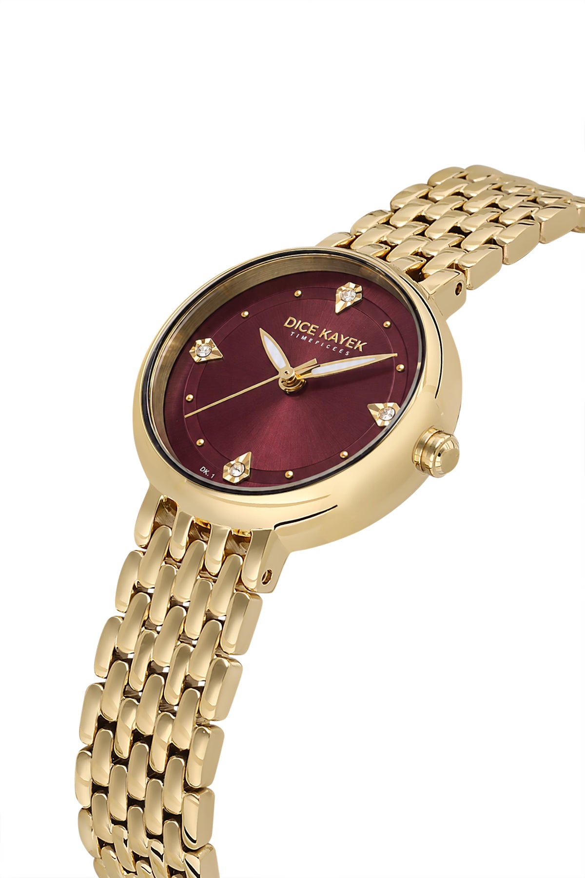 Dice Kayek AG1455.213 women's watch with burgundy dial, gold-tone case and stainless steel bracelet – angled view