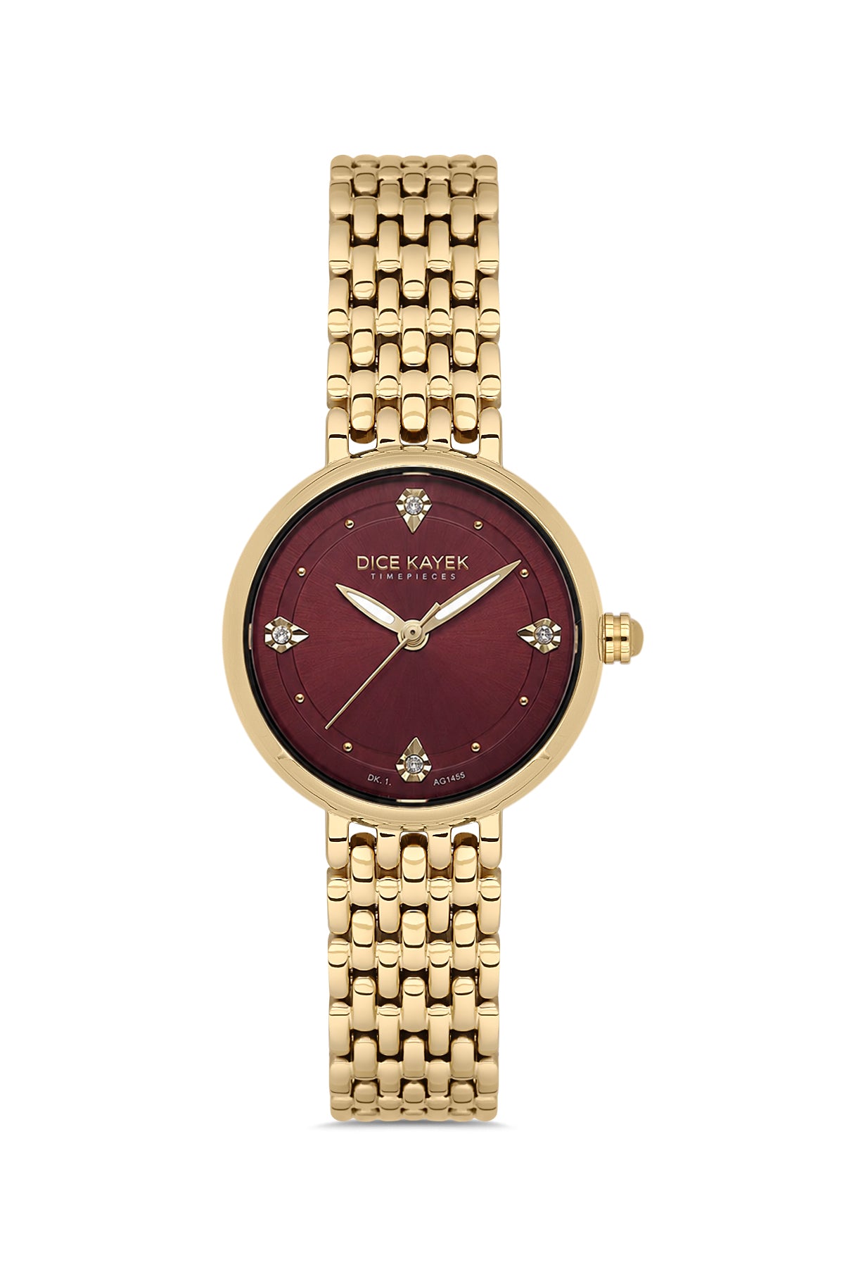 Dice Kayek AG1455.213 women's watch with burgundy dial, gold-tone case and stainless steel bracelet – front view