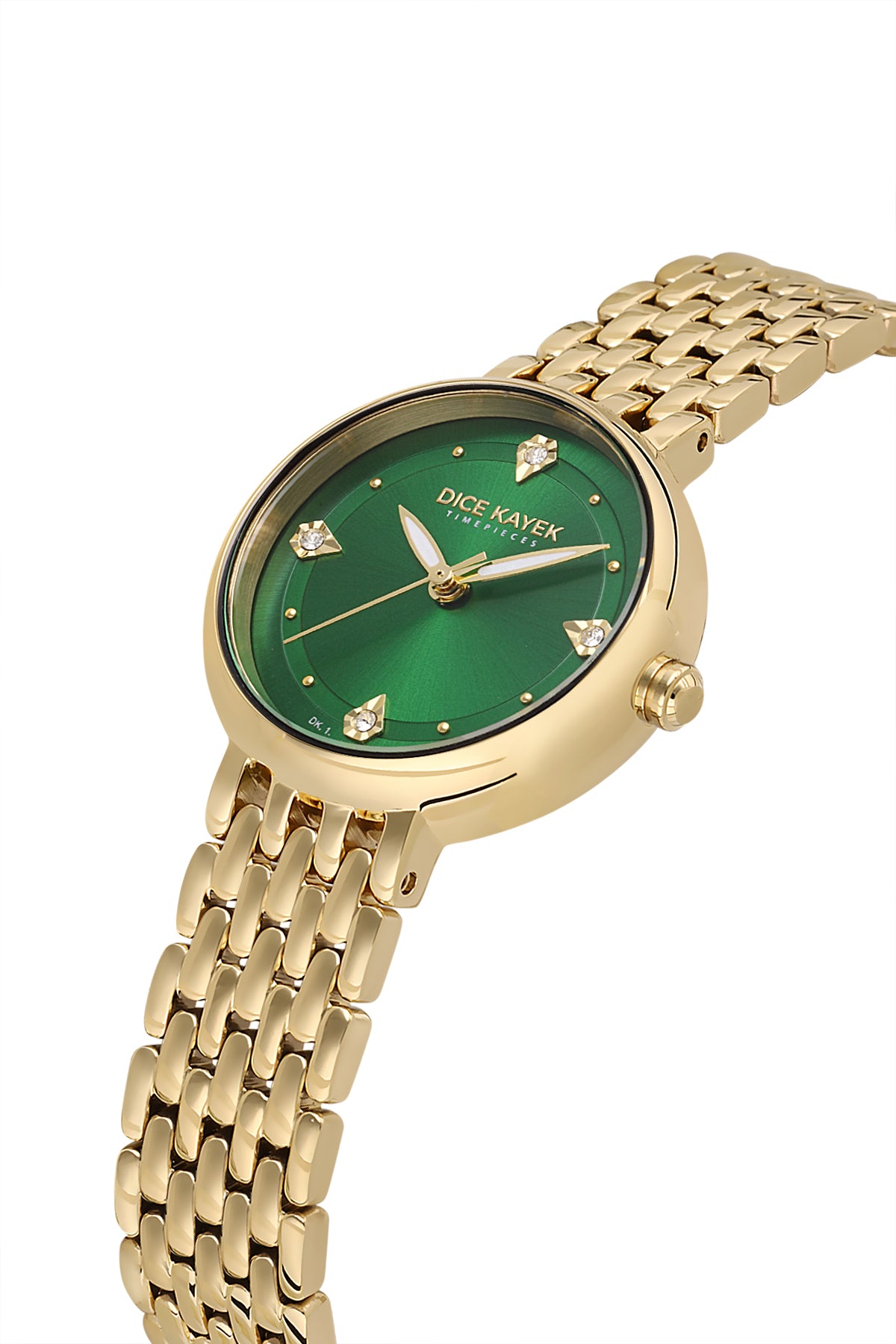 Dice Kayek AG1455.29 women's watch with green dial, gold-tone case and stainless steel bracelet – angled view