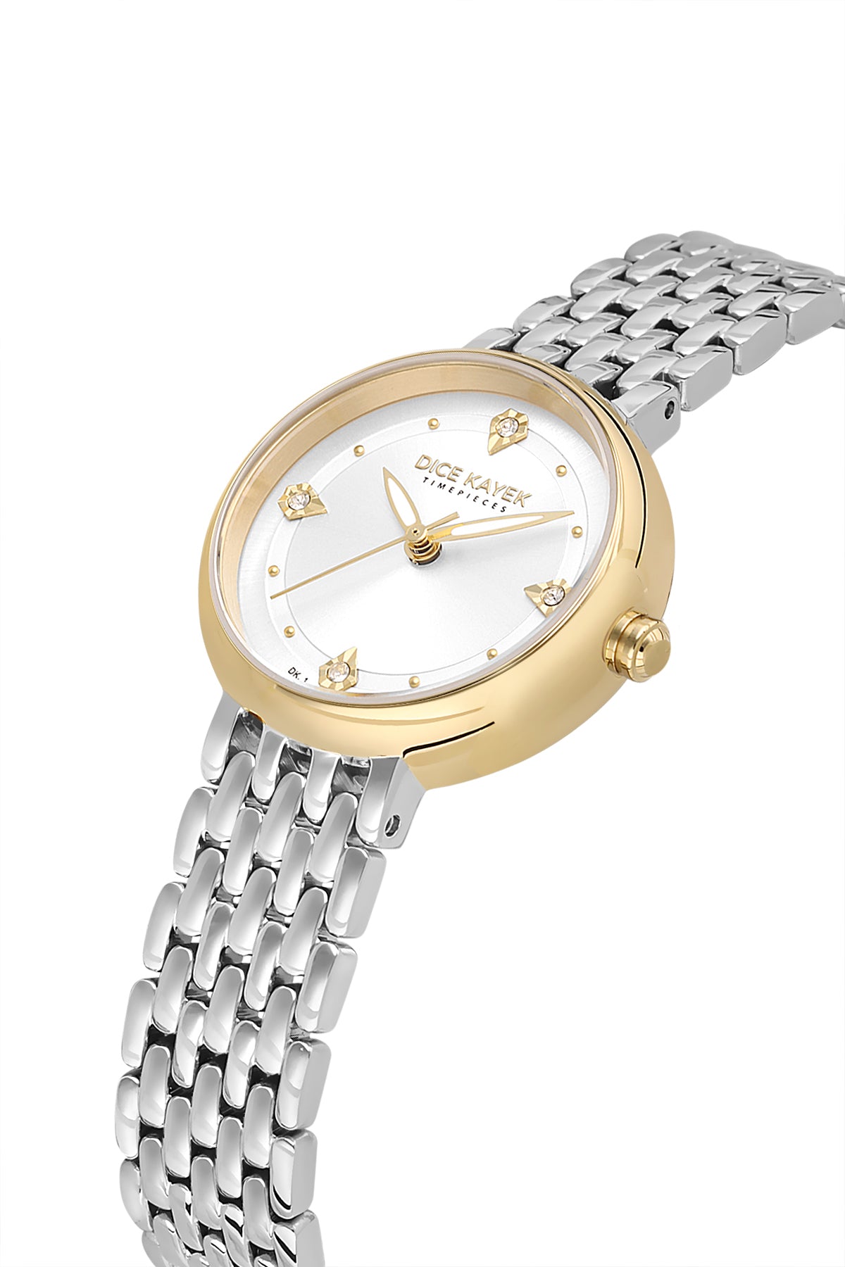Dice Kayek AG1455.40 women's watch with silver dial, two-tone silver and gold case and stainless steel bracelet – angled view