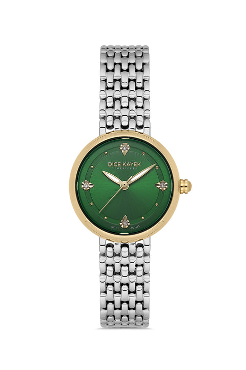 Dice Kayek AG1455.49 women's watch with green dial, two-tone silver and gold case and stainless steel bracelet – front view