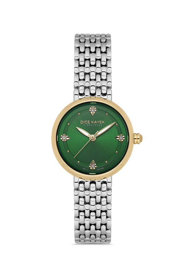 Dice Kayek AG1455.49 women's watch with green dial, two-tone silver and gold case and stainless steel bracelet – front view