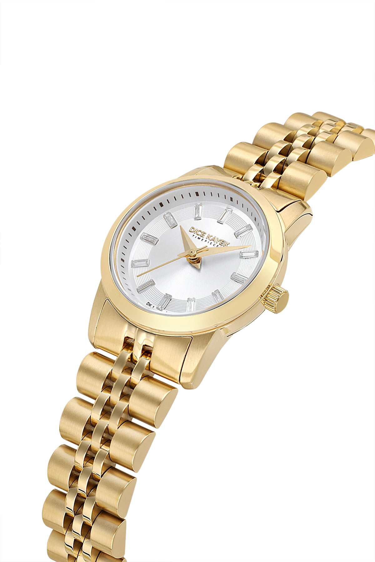 Dice Kayek AG1459.20 women's watch with silver dial, gold-tone case and stainless steel bracelet – angled view
