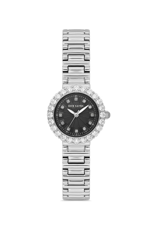 Dice Kayek AG1461.12 women's watch with black dial, silver-tone case and stainless steel bracelet – front view