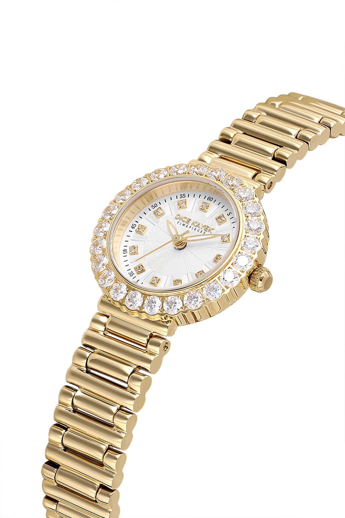 Dice Kayek AG1461.20 women's watch with silver dial, gold-tone case and stainless steel bracelet – angled view