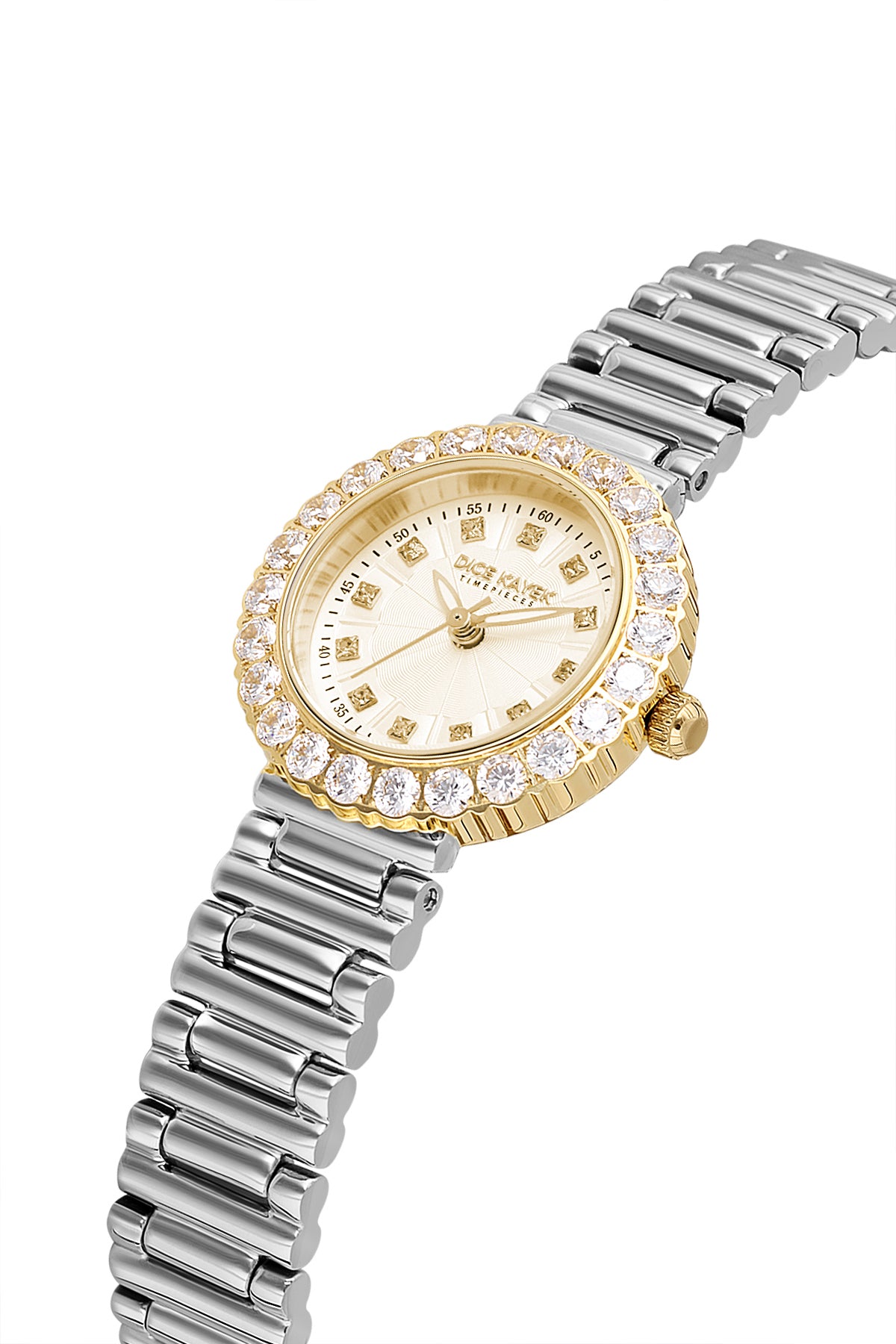 Dice Kayek AG1461.45 women's watch with gold dial, two-tone silver and gold case and stainless steel bracelet – angled view