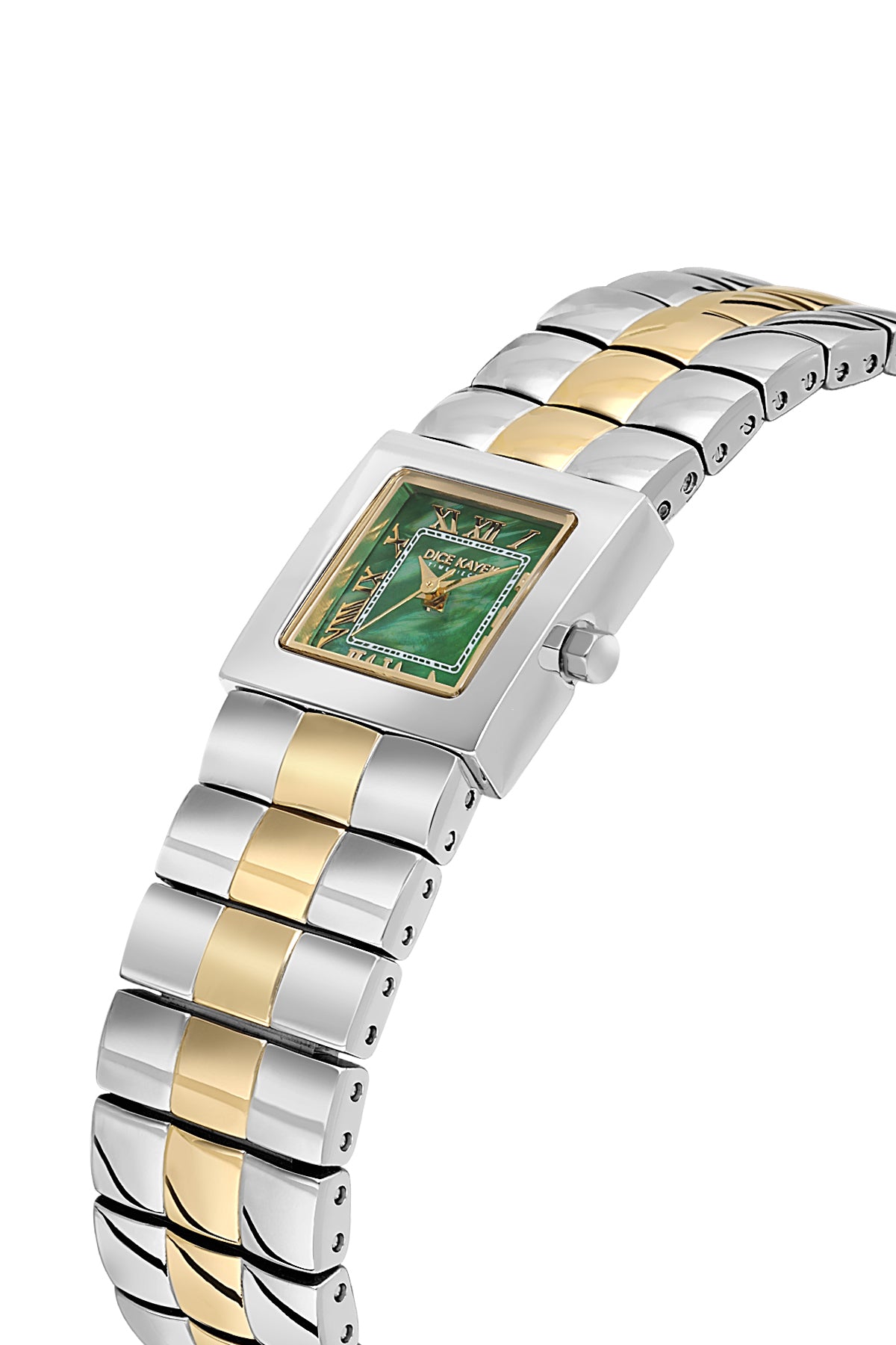 Dice Kayek AG1462.29 women's watch with green mother-of-pearl dial, two-tone silver and gold case and stainless steel bracelet – angled view