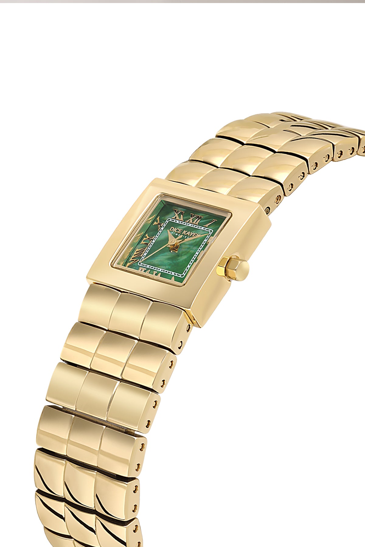 Dice Kayek AG1462.49 women's watch with green mother-of-pearl dial, gold-tone case and stainless steel bracelet – angled view